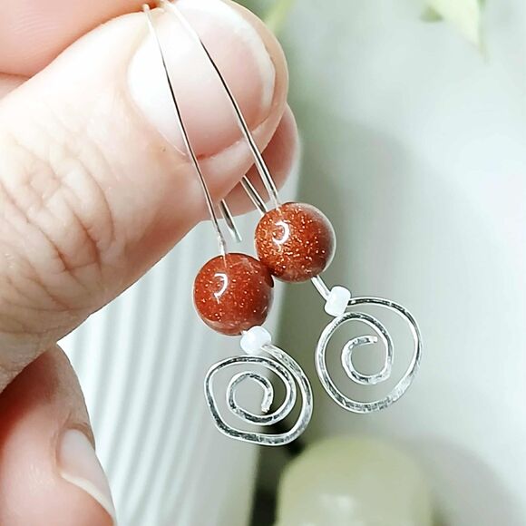 Hammered Goldstone Beaded Dangle Earrings, Gold or Silver, 1.5" - Picture 5 of 6